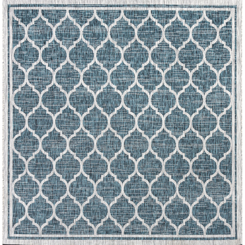Hague Moroccan Trellis Textured Weave Teal/Gray Indoor/Outdoor Rug, Square 9'