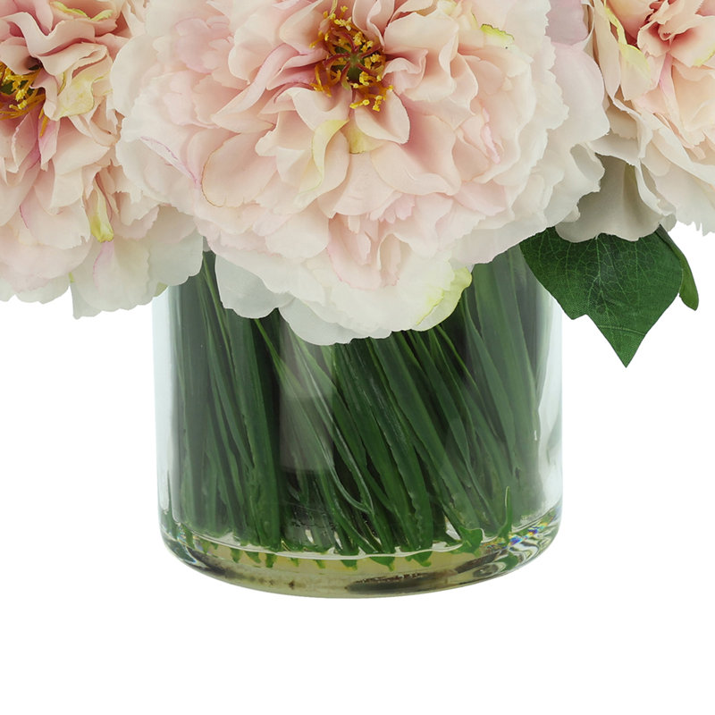 Faux Peony Arrangement in a Glass Vase, Light Pink