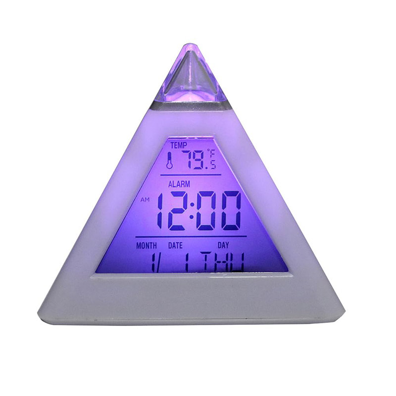 Triangle Color Changing Alarm Clock with LED Display - Digital Pyramid Shape, 7 Colors Changing, Music Alarm, Snooze Mode, Interval Setting