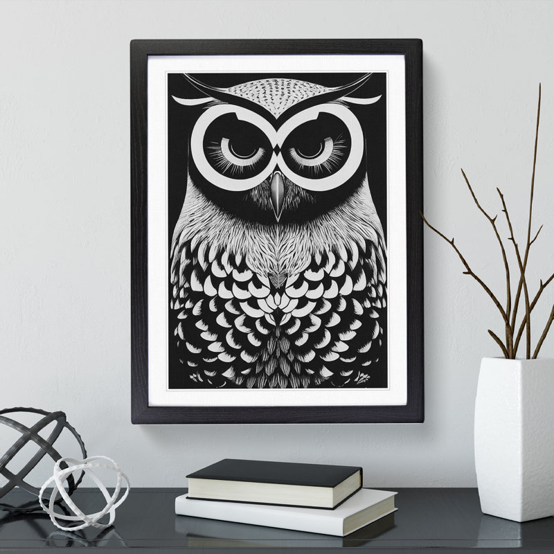 Owl in Monochrome - Framed Print, Black, 64cm H x 46cm W x 2cm D