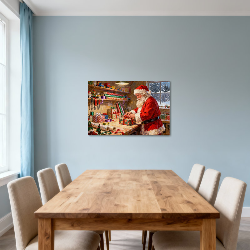 Père Noël emballant des cadeaux dans un atelier avec des outils et des décorations, H 16 po x l 24 po