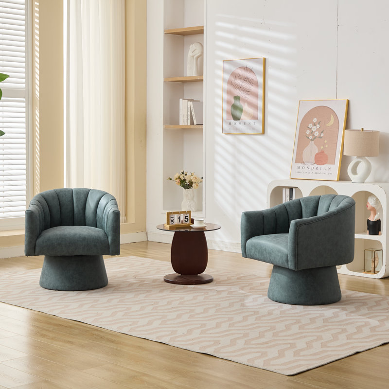 Faux Leather Swivel Barrel Chair, Navy Faux Leather, 2