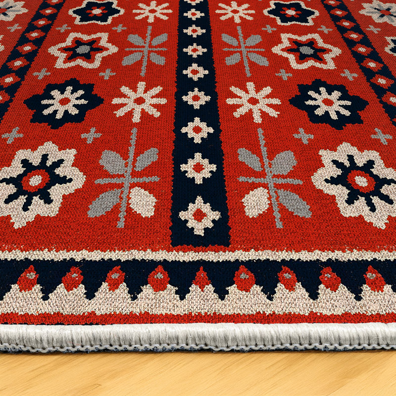 Minna Collection Digital Print Cotton-Polyester Red Floral Rug, Runner 6'7" x 13'2"