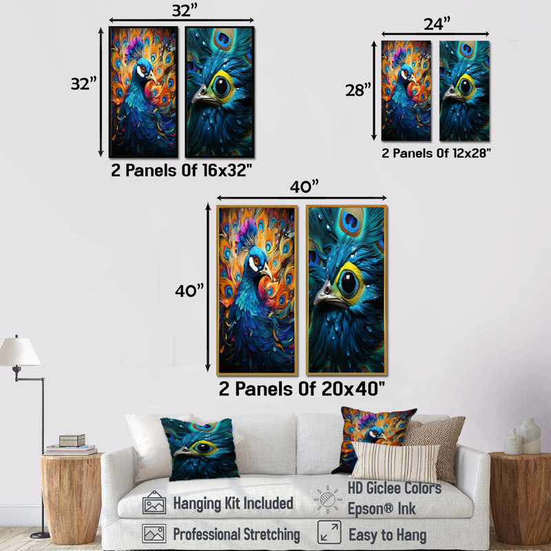 Peacocks Royal Plumage - ensemble d'art mural sur toile paon de 2, Encadrement doré, H 32 po x l 33 po