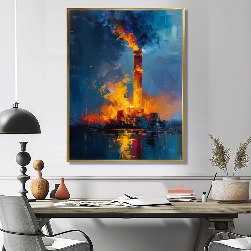 Orange et bleu, centrale électrique III - centrales électriques, art mural, Cadre flottant doré, H 16 po x l 32 po