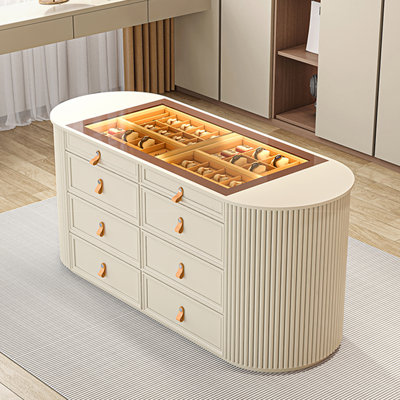 47.24" Cream Style Solid Wood Multi-Layer Board Jewelry Cabinet, Built-in LED Light Glass Jewelry Storage & Display Dresser