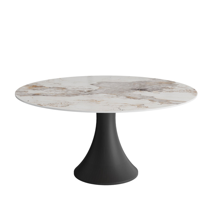 Table de salle à manger Mid-Century ronde pour 4-8 personnes avec plateau en pierre luxueux et piédestal sculptural élégant