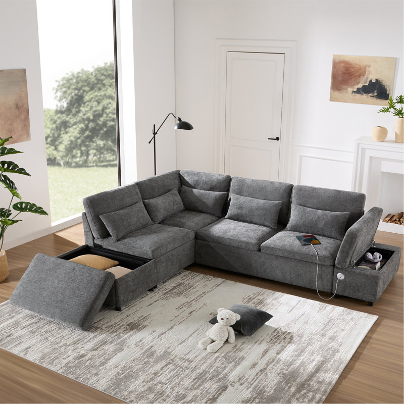 Canapé modulaire escamotable de 107 po, en forme de L, avec sièges larges, repose-pieds avec rangement à mouvement libre, combinaison libre, canapé surdimensionné en chenille pour salon et appartement, 2 couleurs