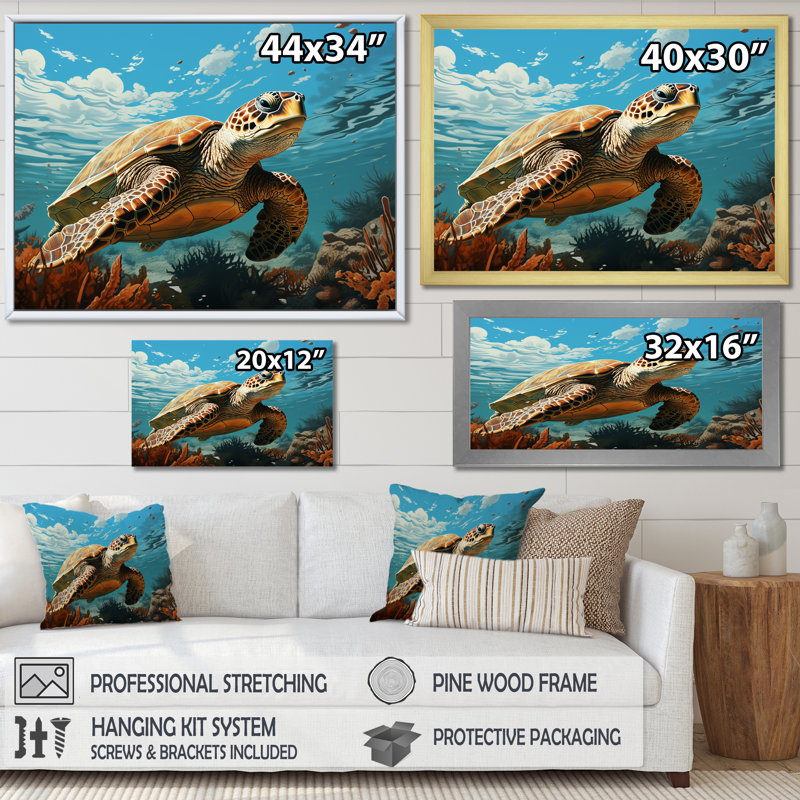 Large Blue and Brown Turtle Coastal Canvas Art Print