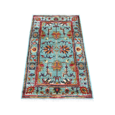 Tapis bleu sarcelle afghan 2 pi 8 po x 4 pi 5 po avec motif floral sur toute la surface, laine douce, noué à la main, colorants végétaux, tissage dense, tapis oriental