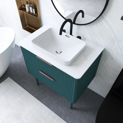 30 po Meuble-lavabo autoportant rayé aigue-marine avec lavabo en céramique