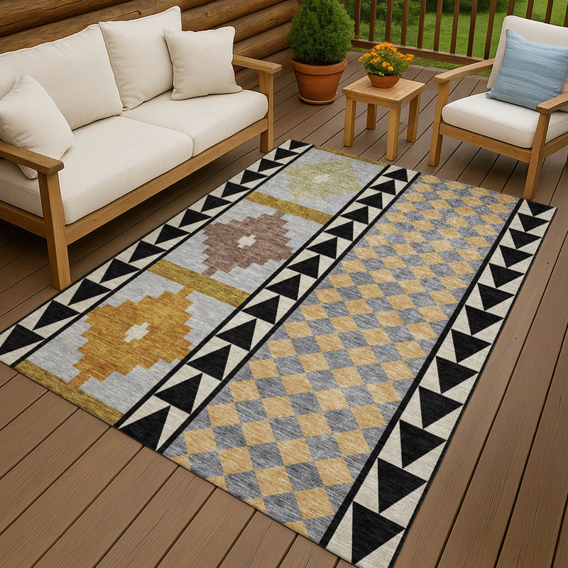 Machine Washable Indoor/Outdoor Chantille ACN2522 Southwest Rug, Rectangle 9' x 12', Black