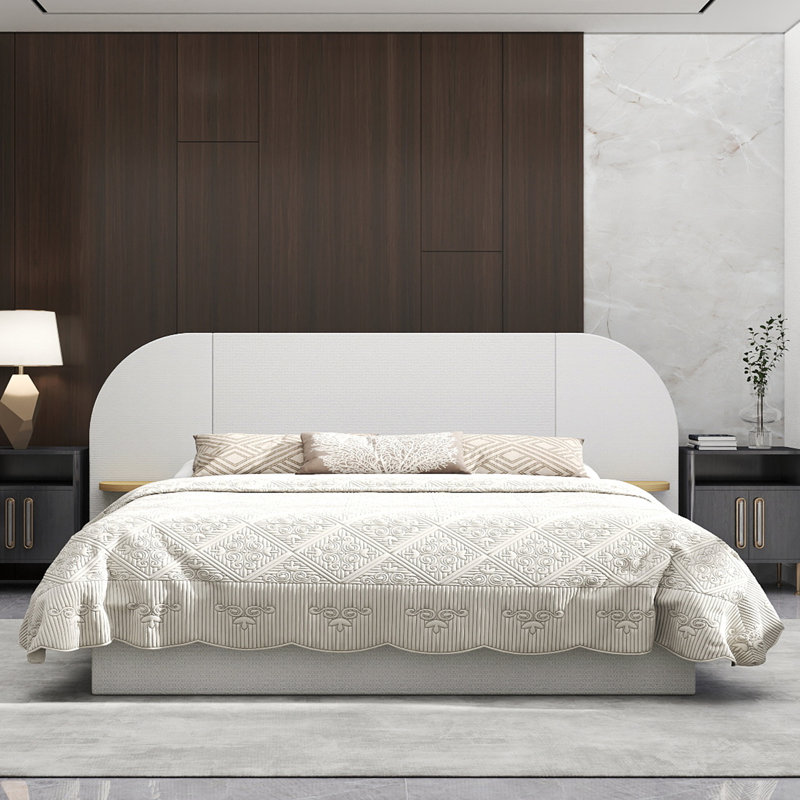  Upholstered Panel Bed with Oversized Arched Headboard and Side Ledges, King