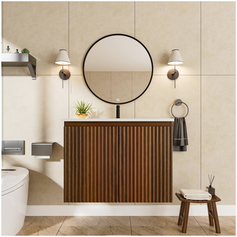 Armoire murale pliante en noyer de 30 pouces avec évier crème - Installation brevetée en 1 minute, peu encombrante et facile à assembler, style moderne