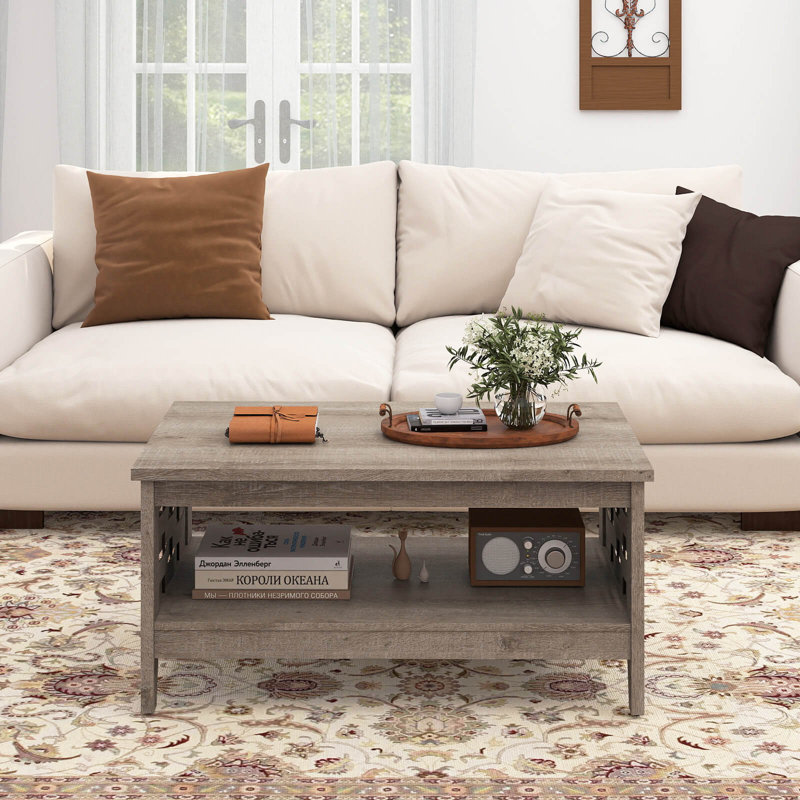 Table basse 39,5 po à 2 niveaux avec tablettes ouvertes pour rangement de décorations en chêne rustique, Chêne rustique
