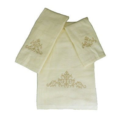 Marina Decoration Home Decor Premium Luxury Ultra Soft 100% Cotton Embroidery Kitchen Bathroom Modern 3 Piece Embroidered Towel Set, Gold Blazon with Cream Base Pattern