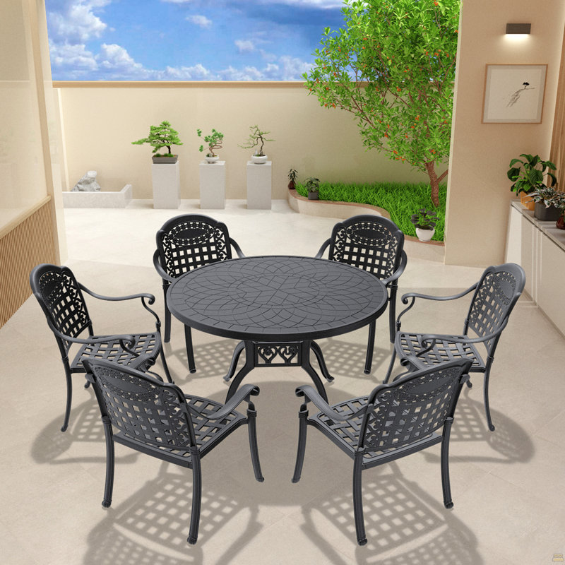 Ensemble de 5 meubles de patio en fonte d'aluminium, 7 pièces : table, 6 chaises