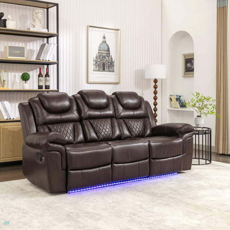 Home Theater Seating Manual Recliner Chair With Center Console And LED Light Strip For Living Room, Brown