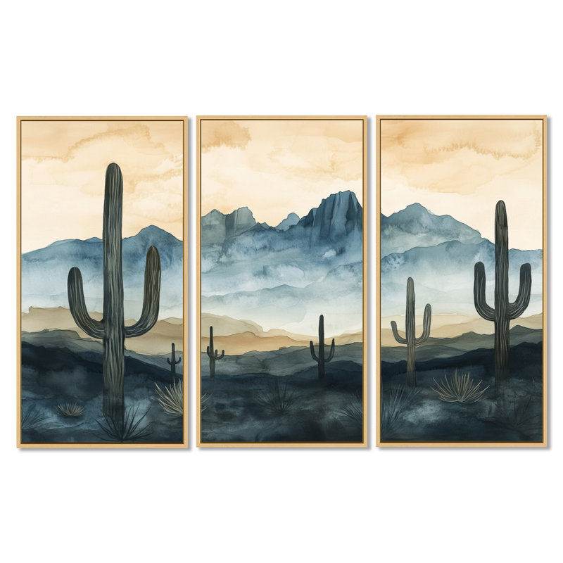 Desert Horizon Silhouette III – Cactus 3 Piece Framed Canvas Print, H 40 po x l 60 po, Cadre naturel flottant