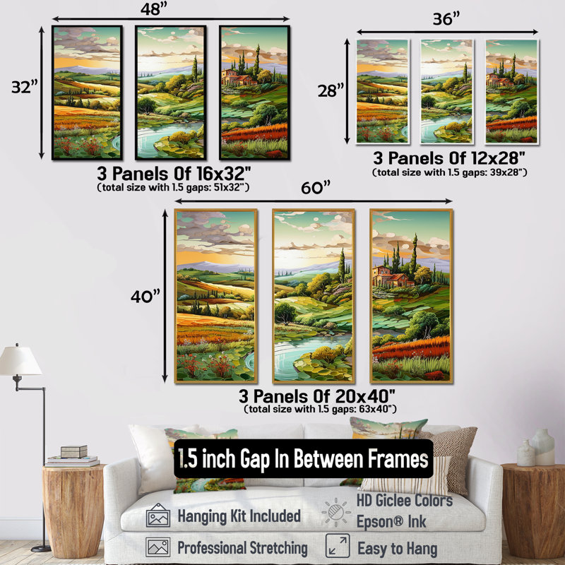Paysage italien, campagne, ensemble d'art sur toile, H 40 po x l 60 po x P 1 po, Cadre flottant blanc