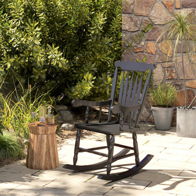 Chaise berçante de patio, capacité de poids de 350 lb, dossier haut en bois, chaise de jardin noire, inclinée, bois pour patio, balcon, extérieur,