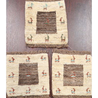 Tapis beige en laine noué à la main de conception unique 1 pi 3 po x 1 pi 5 po Utsav