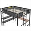 Structure de lit mezzanine pleine grandeur en acier noir avec bureau intégré et tablettes, conçue pour les petites chambres et les espaces de travail à la maison