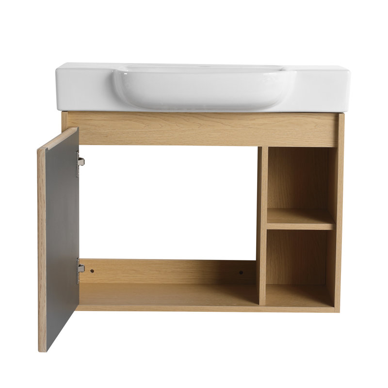 Bathroom Vanity Set, Single Wall Mounted Bathroom Vanity With Ceramic Basin Sink Top, Floating Vanity With 1 Door And Shelf