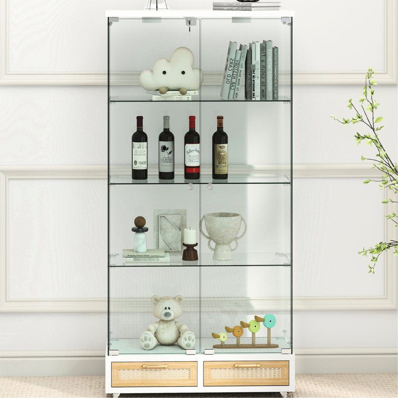 Boîtier de rangement en verre trempé à 4 niveaux avec éclairage à DEL 13 couleurs, 2 tiroirs et design pour le salon, bureau avec lumière de style blanc naturel naturel antique et grandes tablettes Abdullah