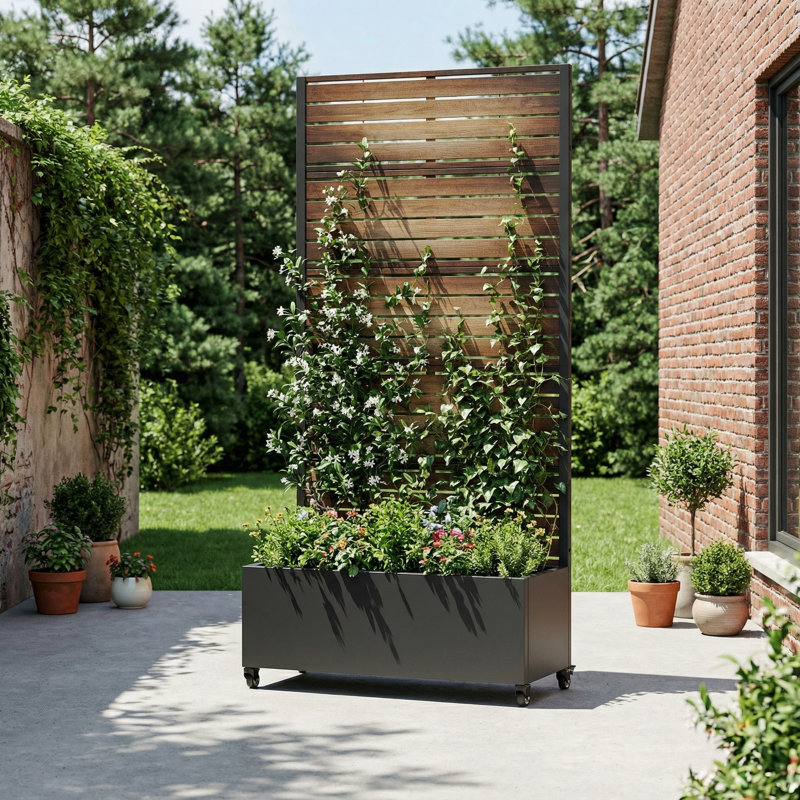 Outdoor Metal Planter Box Raised Garden Beds with Trellis, Black, 72" H x 35" W x 16" D