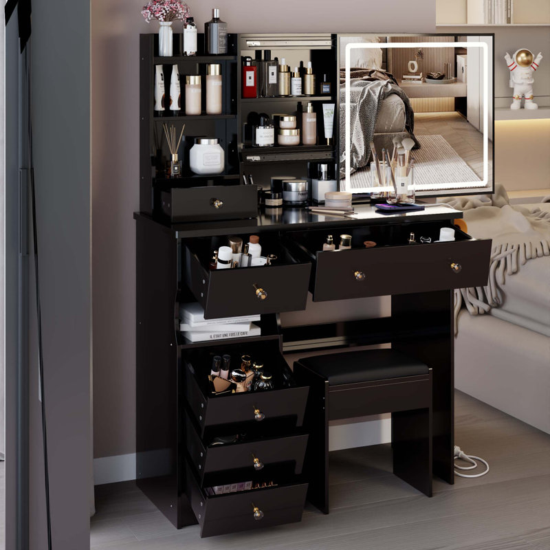 Ensemble de meuble-lavabo de 37 po avec tiroir à gauche et commode tabouret de taille moyenne 37 po, 2 prises CA + 2 prises USB, support pour sèche-cheveux, grand miroir coulissant à DEL à commande tactile, interrupteur 3 couleurs
