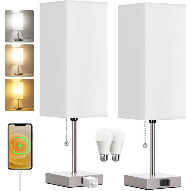 Ensemble de 2 lampes de table pour la chambre à coucher, à intensité variable 3 couleurs 18 po, avec chaînette et prises de courant, 2 ampoules incluses