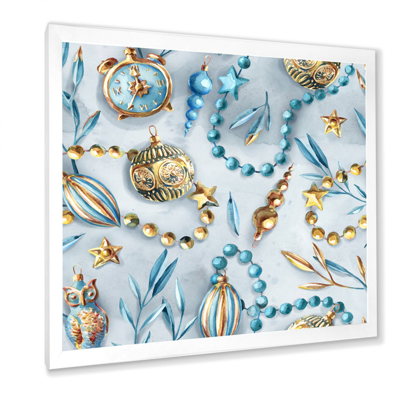«Blue and Gold Christmas Tree Ornaments», reproduction d'art sur toile moderne, H 30 po x l 30 po x P 1 po, Cadre photo blanc