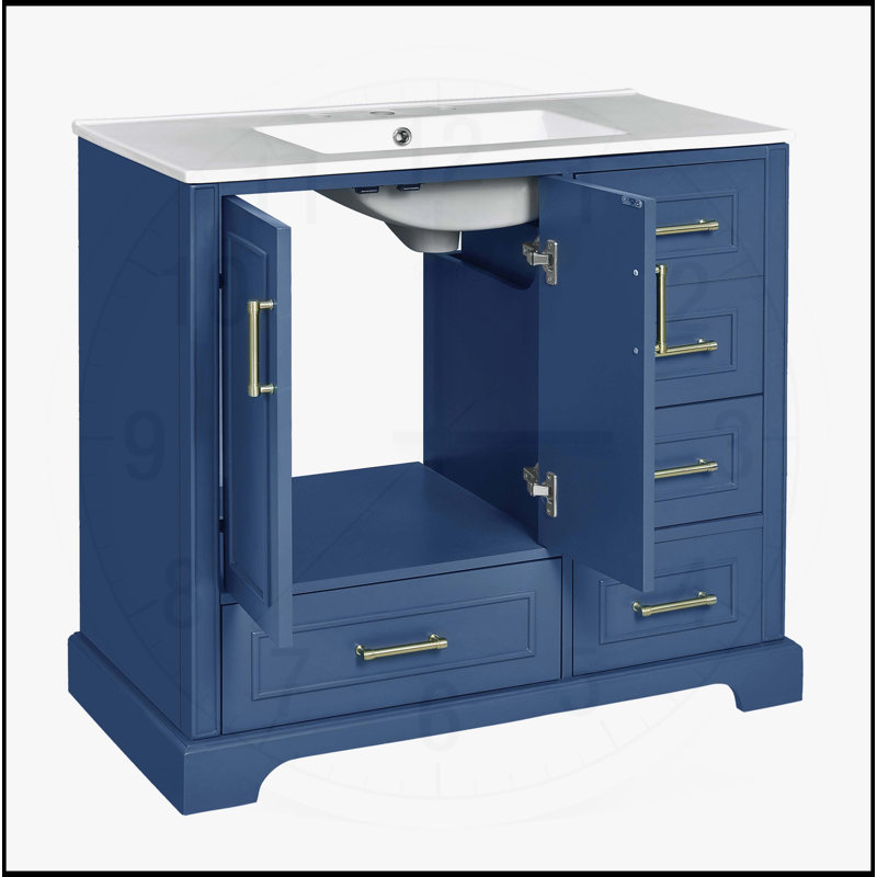 Meuble-lavabo de salle de bain traditionnel exquis avec lavabo en céramique et beaucoup de rangement, Bleu, Or