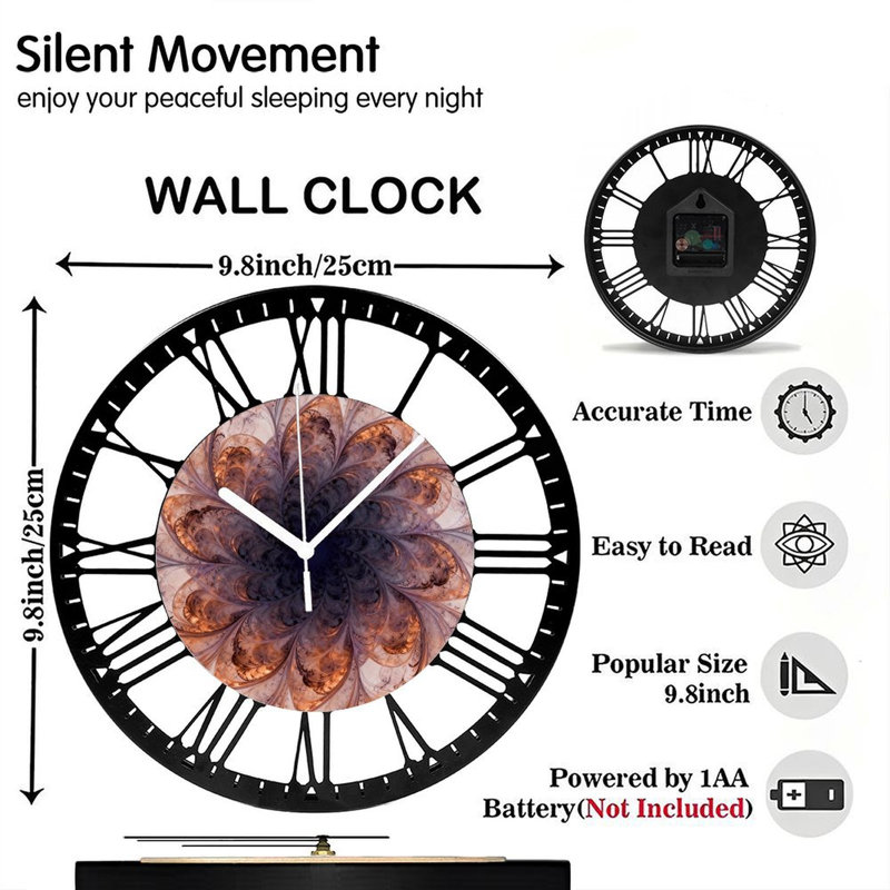 Horloge murale ronde en fer 10 po avec mouvement à quartz silencieux, chiffres romains, impression UV, Mauve / gris / cuivre