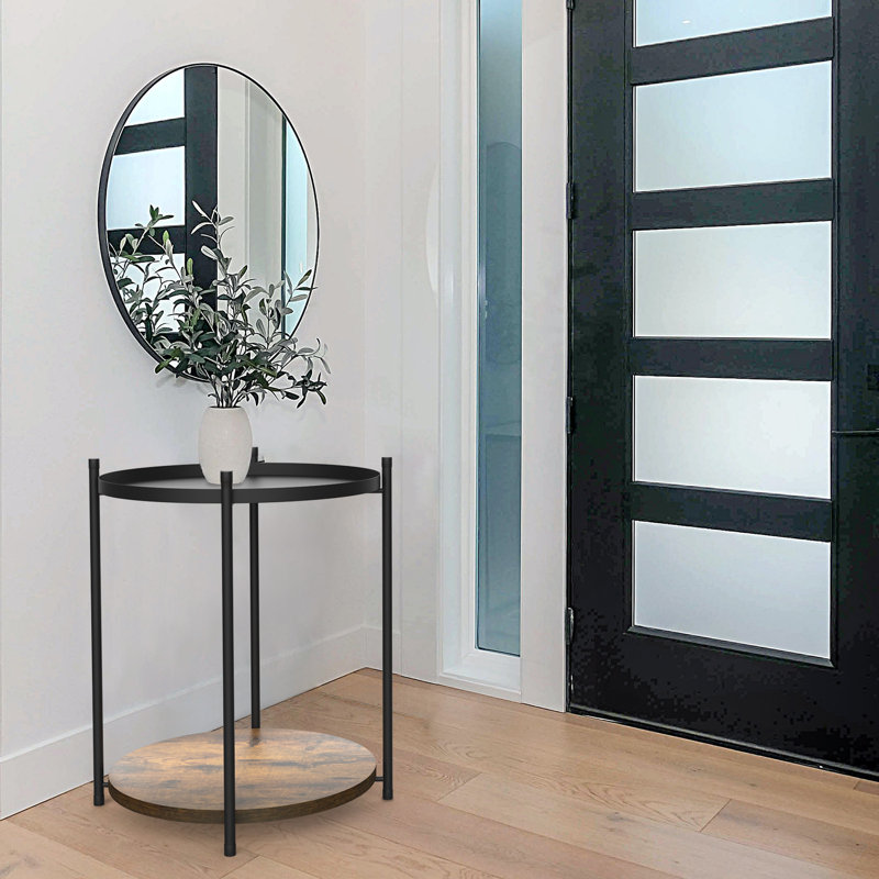 Round Black Metal End Table with Removable Tray