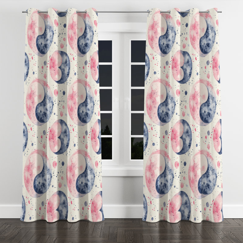 Rideaux de fenêtre pour filles - 1 panneau de rideau moderne à œillets Yin Yang, L 52 po x L 84 po, Œillets argentés