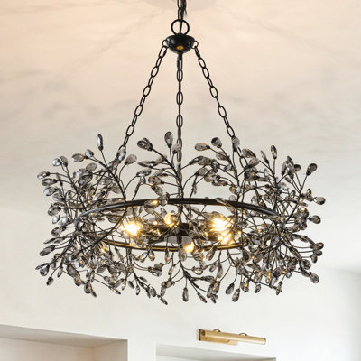 Lustre en cristal 31 po avec branches organiques noires 31 po, 6 lumières de luxe à intensité variable