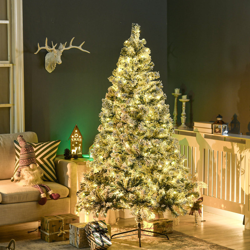 Arbre de Noël artificiel de 6 pi avec 660 branches de neige floquées, 350 lumières DEL blanc chaud ou coloré, base en acier