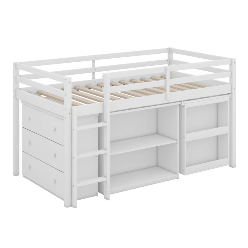 Lit mezzanine simple avec armoire à tiroirs, armoire à tablettes et bureau à tiroirs, Blanc