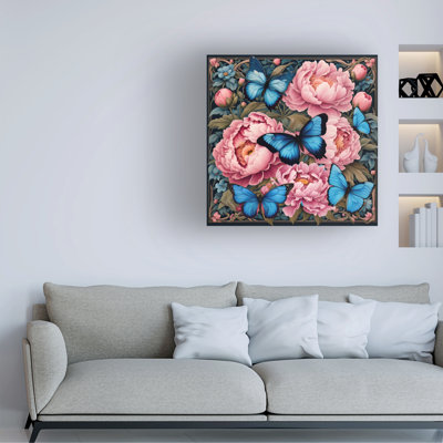 Tina Lavoie, pivoines roses et papillons Morpho bleus