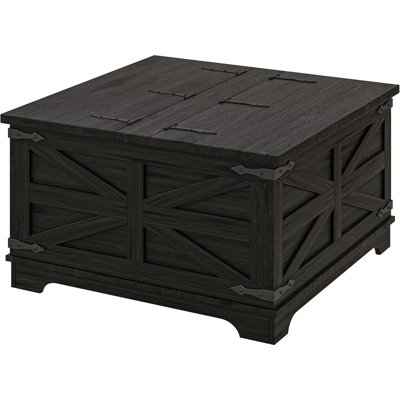 Farmhouse Coffee Table With Storage, Center Table With Hinged Lift Top And Hidden Space, Square Coffee Table For Living Room, Distressed Black