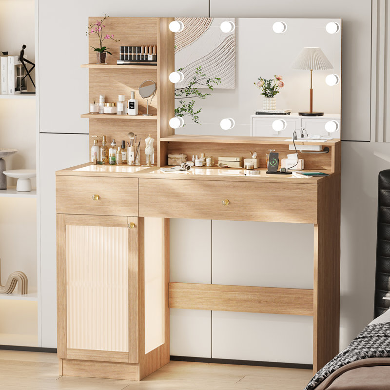 40" Modern Makeup Vanity Desk with LED Mirror, Glass Top, Storage Drawer & Glass Cabinet, 3 Light Modes, Power Outlet - Perfect for Bedroom
