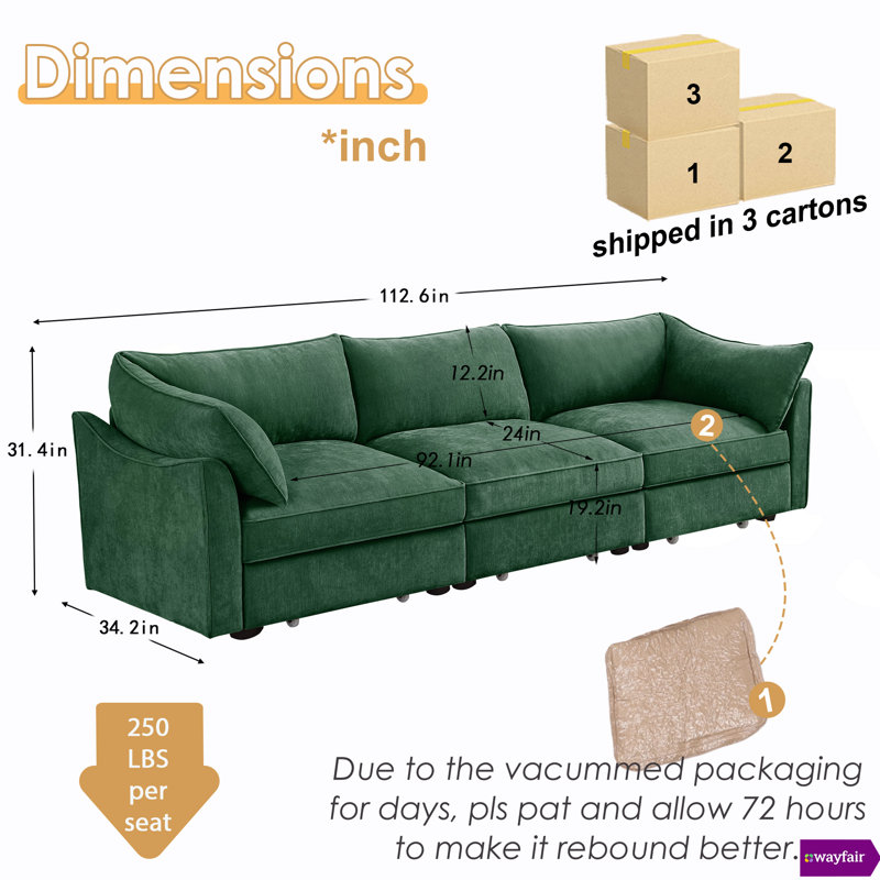 Wauseon 112.6"W Chenille 3 - Seater Sofa , With Pull - Out Storage Drawers Under Each Seat，Armrest Crescent Design.