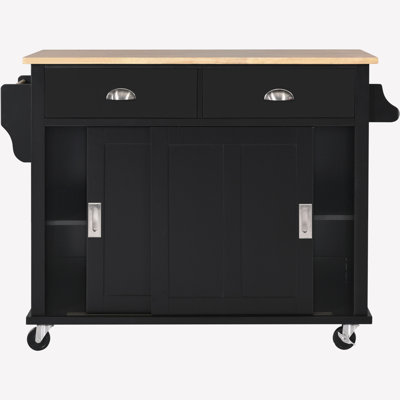 Buccigross de 52,2 po de largeur avec comptoir à abattants en bois d'hévéa, porte de grange coulissante à hauteur réglable, îlot de cuisine sur 4 roulettes avec armoire de rangement et 2 tiroirs, îlot, chariot à café