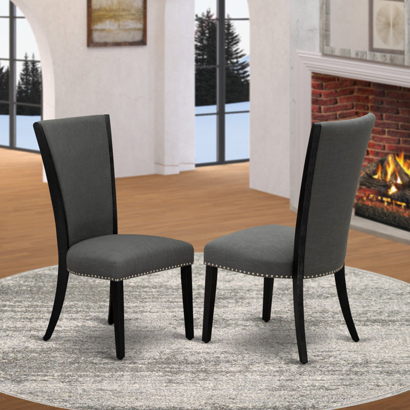 Verona Parson Dining Chairs - Nailhead Trim Dark Gotham Grey Linen Fabric Padded Chairs, Set of 2, Wire brushed Black