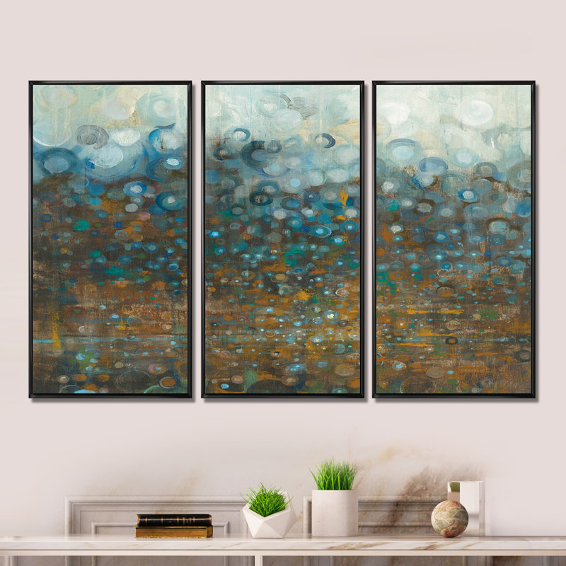 «Blue and Bronze Dots», peinture sur toile 3 pièces, Noir, H 28 po x l 36 po