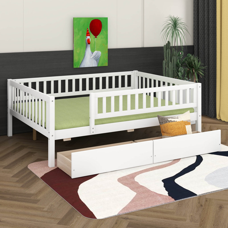 Full Size Wooden Daybed, Bed Frame With Two Drawers For Kids Teens Adults, Wood Slat Support, No Box Spring Needed, White