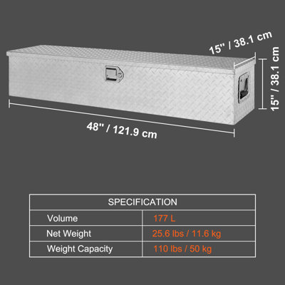 Heavy-Duty Aluminum Truck Bed Tool Box, 48"x15"x15", Diamond Plate Tool Box with Side Handle and Lock Keys, Storage Tool Box Chest Box Organizer for Pickup, Truck Bed, RV, Trailer, Silver