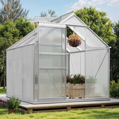 Dual-wall Polycarbonate Greenhouse with Aluminum Frame, Steel Base, Sliding Door
